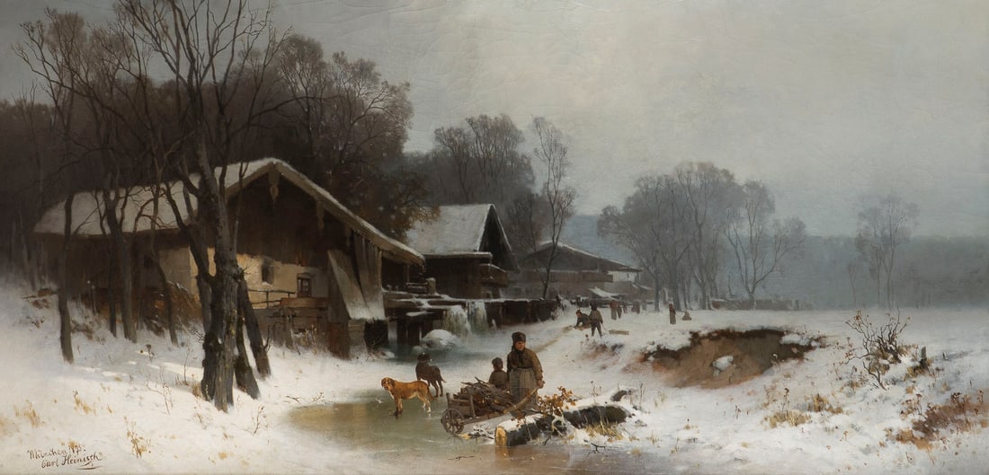 KARL ADAM HEINISCH | WINTERLICHE DORFLANDSCHAFT MIT GEFRORENEM FLUSS, 1875: KARL ADAM HEINISCH 1847 Neustadt/Oberschlesien - 1923 Munich WINTER VILLAGE LANDSCAPE WITH A FROZEN RIVER, 1875 Oil on canvas. 60 x 120 cm (F 98 x 159 cm). Signed and dated lower left. Original frame.