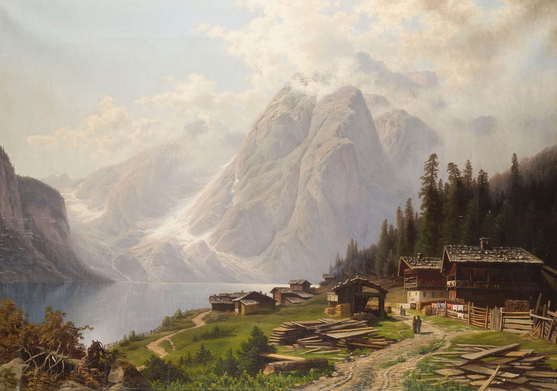THEODOR WILHELM NOCKEN | DORF VOR ALPINER BERGLANDSCHAFT: THEODOR WILHELM NOCKEN 1830 Duesseldorf - 1905 ibid. VILLAGE IN AN ALPINE MOUNTAIN LANDSCAPE Oil on canvas. 65 x 93 cm. Signed lower left. Minimally damaged.THEODOR WILHELM NOCKEN 1830 Duesseldorf - 1