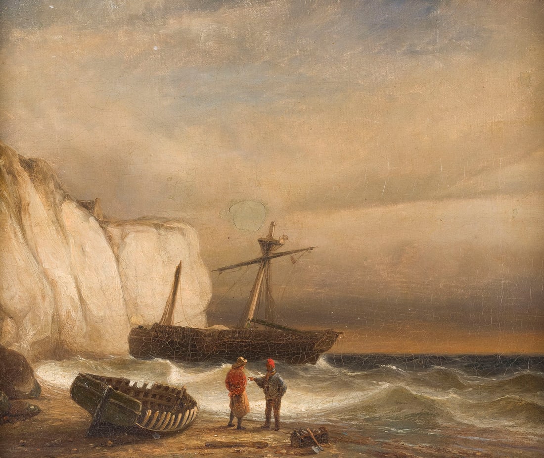 DEUTSCHE SCHULE DER MITTE DES 19. JH. | MEERESKUeSTE MIT FIGUREN UND BOOTEN: GERMAN SCHOOL, MID-19TH CENTURY SEASHORE WITH FIGURES AND BOATS Oil on canvas. 24.5 x 32 cm (F. 36 x 44 cm). Framed.DEUTSCHE SCHULE DER MITTE DES 19. JH. MEERESKUeSTE MIT FIGUREN UND BOOTENOel auf Lei