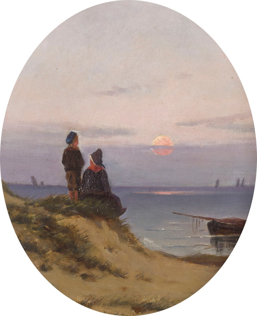 DEUTSCHE SCHULE | WARTEN AUF DIE FISCHER: GERMAN SCHOOL 2nd half of the 19th century WAITING FOR THE FISHERMEN Oil on panel. 25 x 21 cm (F. 36 x 30 cm). Framed.DEUTSCHE SCHULE 2. Haelfte 19. Jh. WARTEN AUF DIE FISCHEROel auf Platte. 25 x 21 c