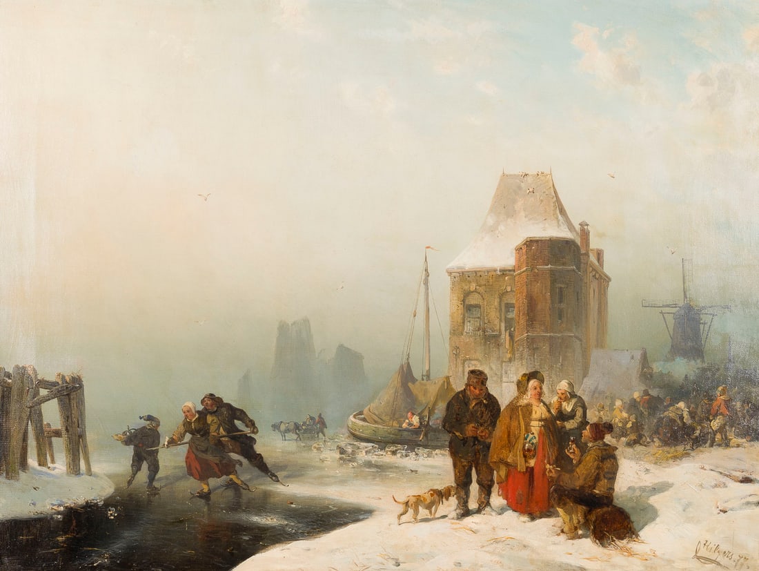 CARL HILGERS | MARKT AN EINEM ZUGEFRORENEN SEE, 1877: CARL HILGERS 1818 Dusseldorf - 1890 ibid. MARKET BY A FROZEN LAKE, 1877 Oil on canvas. 56 x 74 cm (f. 67 x 85 cm). Signed and dated lower right. Retouching. Framed.CARL HILGERS 1818 Duesseldorf - 1890
