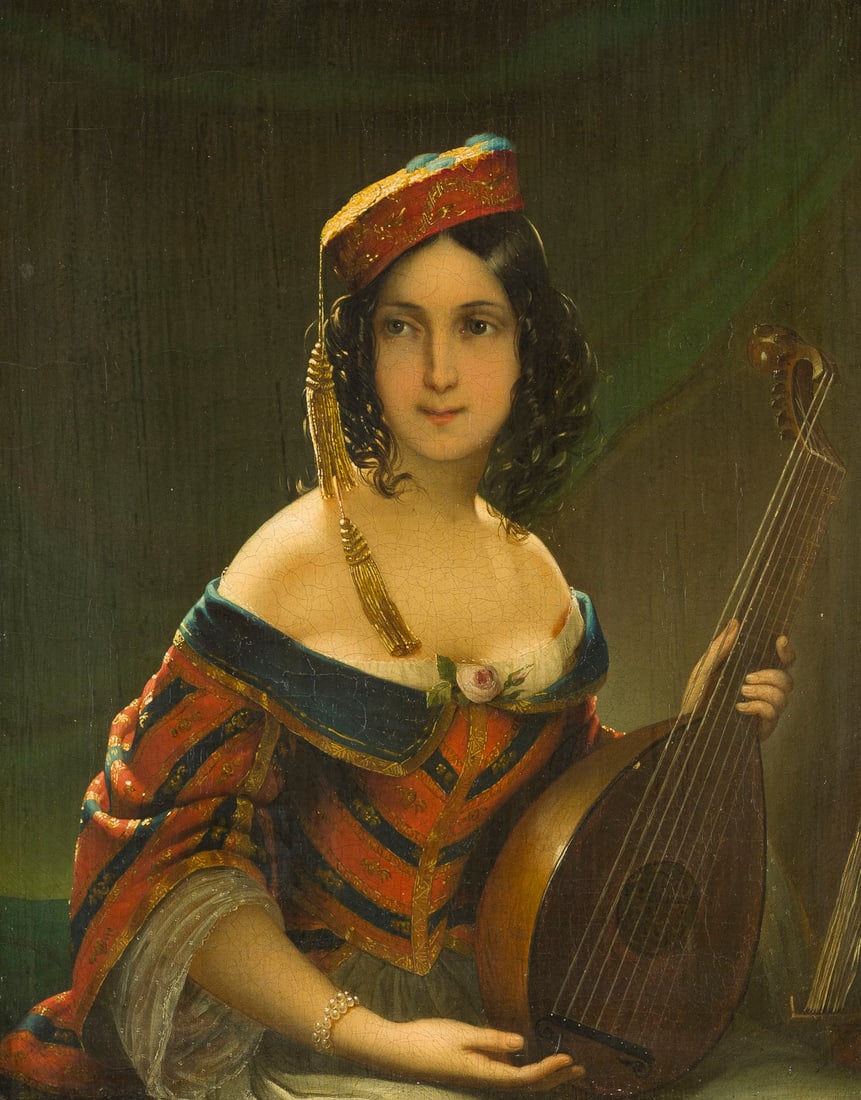 FRIEDRICH VON AMERLING (ZUGESCHRIEBEN) | DAME MIT LAUTE: FRIEDRICH VON AMERLING (ZUGESCHRIEBEN) 1803 Spittelberg - 1887 Wien DAME MIT LAUTE Oel auf Leinwand. 40 x 32 cm (R. 51 x 44 cm). Craquele. Originalrahmen.FRIEDRICH VON AMERLING (ZUGESCHRIEBEN) 1803