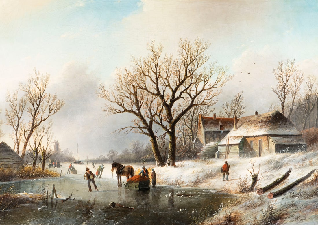 JACOB JAN COENRAAD SPOHLER | WINTERLICHE FLUSSLANDSCHAFT: Jacob Jan Coenraad Spohler 1837 Amsterdam - 1922 ibid. WINTER RIVER LANDSCAPE Oil on canvas (strip-lined). 55.5 x 79.5 cm (F. 75 x 98 cm). Signed lower left. Craquelure. Framed.JACOB JAN COENRAAD