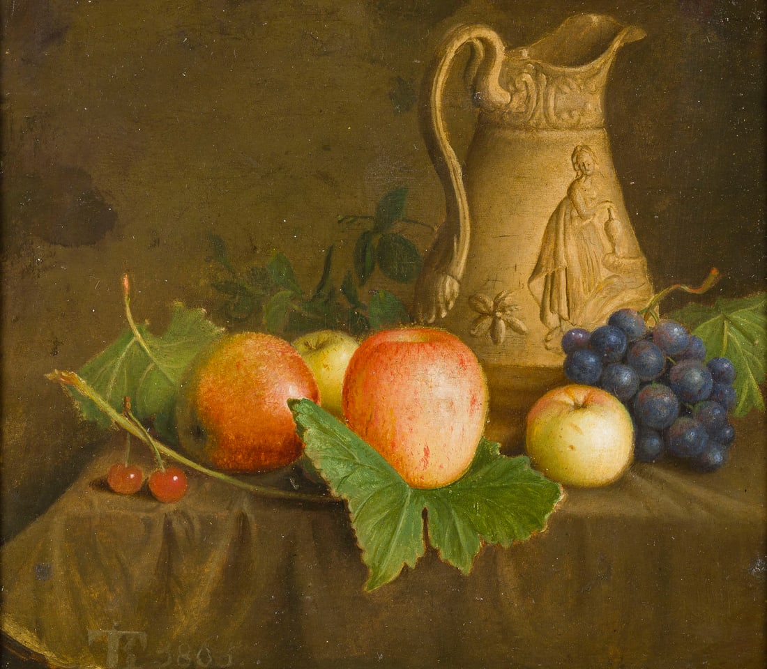 DEUTSCHER / NIEDERLAeNDISCHER STILLLEBENMALER | STILLLEBEN MIT OBST UND KRUG: DEUTSCHER / NIEDERLAeNDISCHER STILLLEBENMALER Ende 18. / Anfang 19. Jh STILLLEBEN MIT OBST UND KRUG Oel auf Holz. 31 x 36 cm (R. 48 x 52 cm). Unten monogrammiert in Ligatur 'T.R.', sowie mit alte