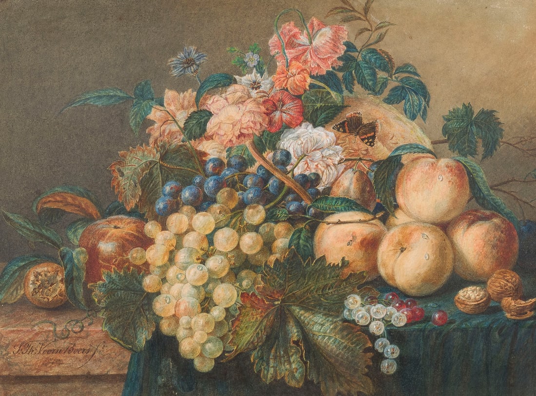 SEBASTIAAN THEODORUS VOORN BOERS | STILLLEBEN MIT BLUMEN UND FRUeCHTEN: SEBASTIAAN THEODORUS VOORN BOERS 1828 Rotterdam - 1893 ibid. STILL LIFE WITH FLOWERS AND FRUIT Watercolor on paper. 22 x 30 cm (F. 44 x 52 cm). Signed lower left. Framed behind glass with mount. Exper