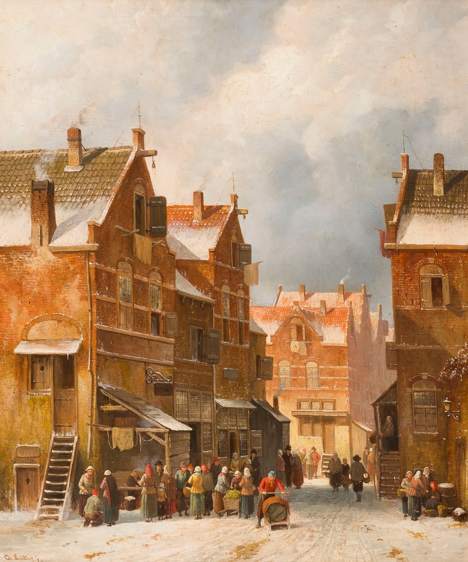 CHARLES LEICKERT | MARKTTAG IN EINER VERSCHNEITEN STADT: CHARLES LEICKERT 1818, Brussels - 1907, Mainz MARKET DAY IN A SNOW-COVERED CITY Oil on panel. 62 x 51 cm (f. 71 x 62 cm). Signed lower left ''Ch. Leickert f.'' Verso: gallery label. Framed.CHARLES