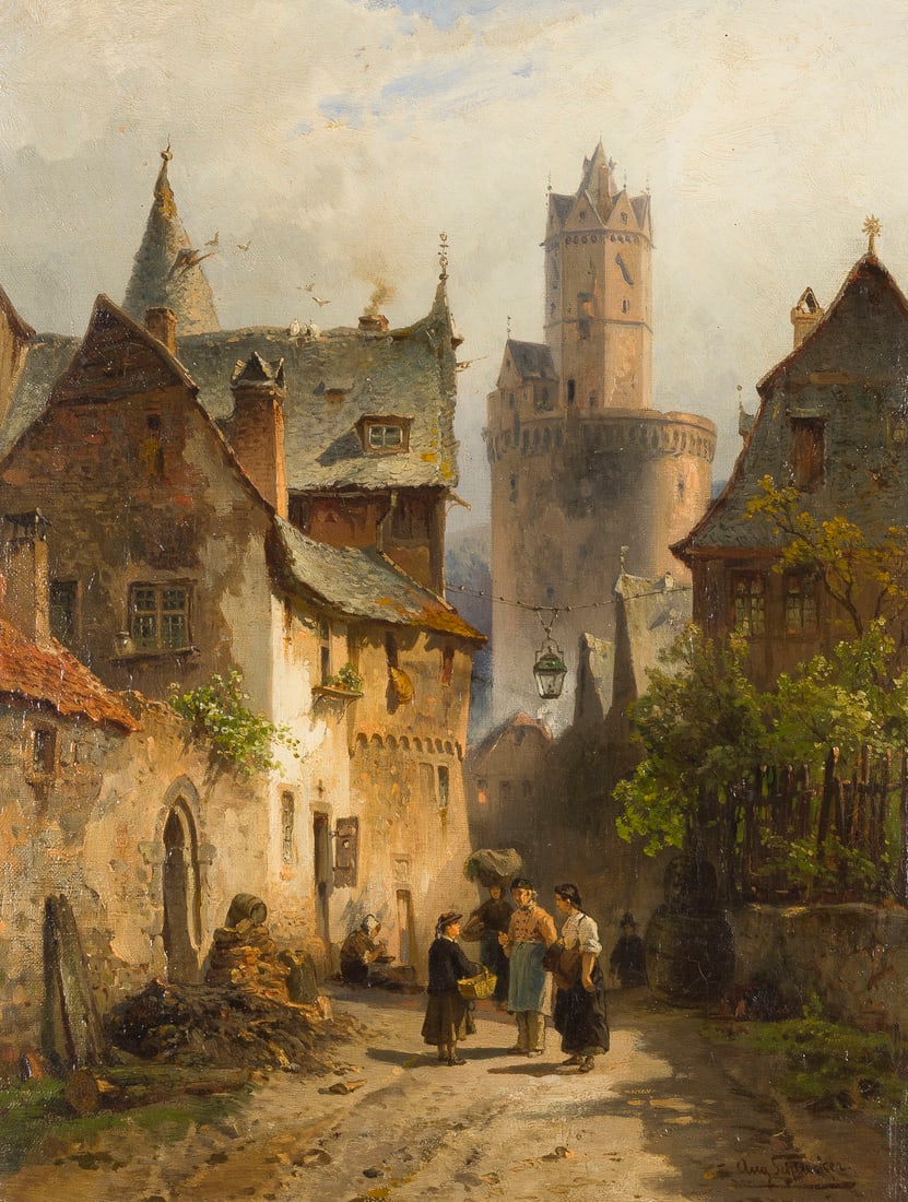 AUGUST EDUARD SCHLIECKER | STRASSENSZENE IN ANDERNACH AM RHEIN MIT BLICK AUF DEN RUNDEN TURM: AUGUST EDUARD SCHLIECKER 1833 Hamburg - 1911 Lauenburg STREET SCENE IN ANDERNACH AM RHEIN WITH A VIEW OF THE RUNDER TURM Oil on canvas. 49 x 37 cm (f. 59.5 x 49 cm). Signed lower right. Framed.AUGUST