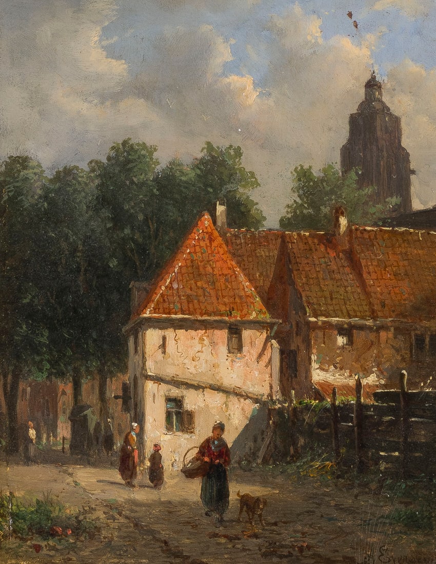 ADRIANUS EVERSEN | HOLLAeNDISCHE STRASSENSZENE IM SOMMER: ADRIANUS EVERSEN 1818 Amsterdam - 1897 Delft DUTCH STREET SCENE IN SUMMER Oil on panel. 19.5 x 15 cm (Frame: 37.5 x 33.5 cm). Signed lower right. Verso: Panel with London maker's label, frame with