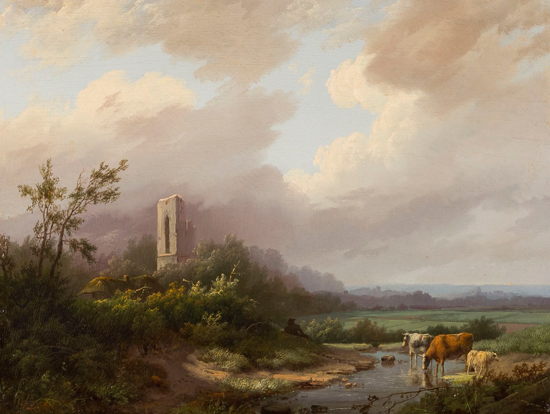 MARINUS ADRIANUS KOEKKOEK | WEITE LANDSCHAFT MIT RUINEN UND KUeHEN AN DER FURT, 1845 (1 of 2)