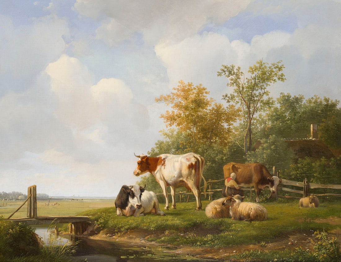 HENDRIK VAN DE SANDE BAKHUYZEN | VIEH AM WASSER: HENDRIK VAN DE SANDE BAKHUYZEN 1795 The Hague - 1860 ibid. CATTLE BY THE WATER Oil on panel. 30 x 38.5 cm (F. 48 x 55 cm). Signed on the wooden bridge. Verso: Fragments of a gallery label with numberi