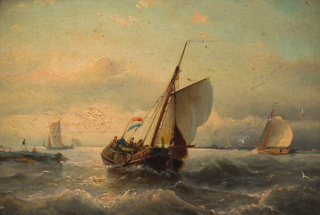 DEUTSCHER MARINEMALER | STUeRMISCHE SEE, 1868: GERMAN MARINE PAINTER Active in the 19th century STORMY SEE, 1868 Oil on panel. 17 ? 25 cm (f: 30.5 ? 39 cm). Indistinctly signed and dated lower left. Minor retouching. Framed.DEUTSCHER MARINEMALER T