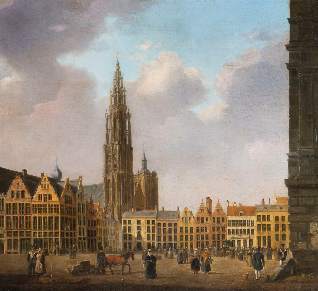 AMBROS IVO VERMERSCH | LIEBFRAUENKATHEDRALE IN ANTWERPEN, 1829: AMBROS IVO VERMERSCH 1810 Maldegem near Ghent - 1852 Munich THE CATHEDRAL OF OUR LADY IN ANTWERP, 1829 Oil on panel. 38 x 42 cm (f. 46 x 50 cm). Signed and dated lower right. Minimally restored. Frame