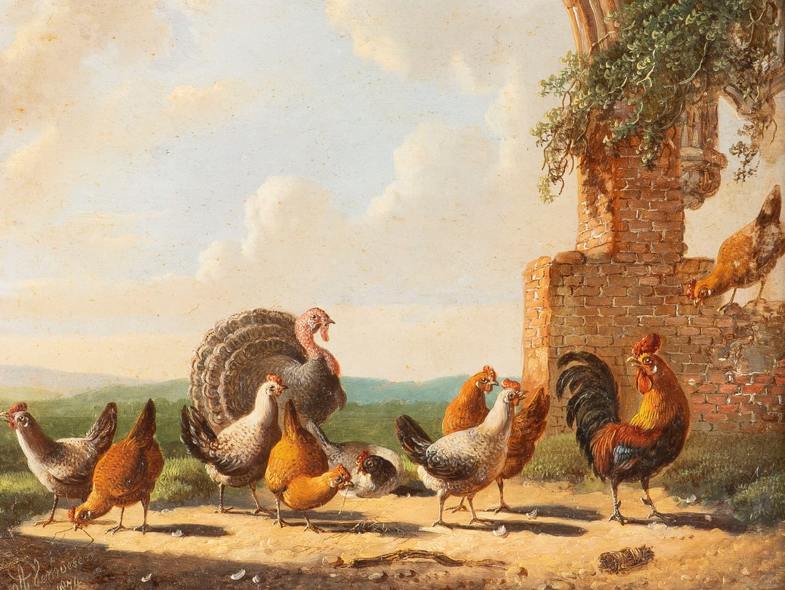 ALBERTUS VERHOESEN | FEDERVIEH, 1874: ALBERTUS VERHOESEN 1806 Utrecht - 1881 ibid. POULTRY, 1874 Oil on panel. 18 x 24 cm (f 28 x 34 cm). Signed and dated lower left. Framed.ALBERTUS VERHOESEN 1806 Utrecht - 1881 ebenda FEDERVIEH, 1874Oel
