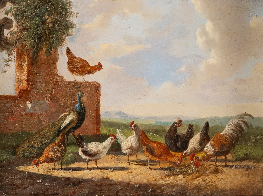 ALBERTUS VERHOESEN | FEDERVIEH, 1874: ALBERTUS VERHOESEN 1806 Utrecht - 1881 ibid. POULTRY, 1874 Oil on panel. 18 x 24.5 cm (f. 26 x 33 cm). Signed and dated lower left. Framed.ALBERTUS VERHOESEN 1806 Utrecht - 1881 ebenda FEDERVIEH, 1874