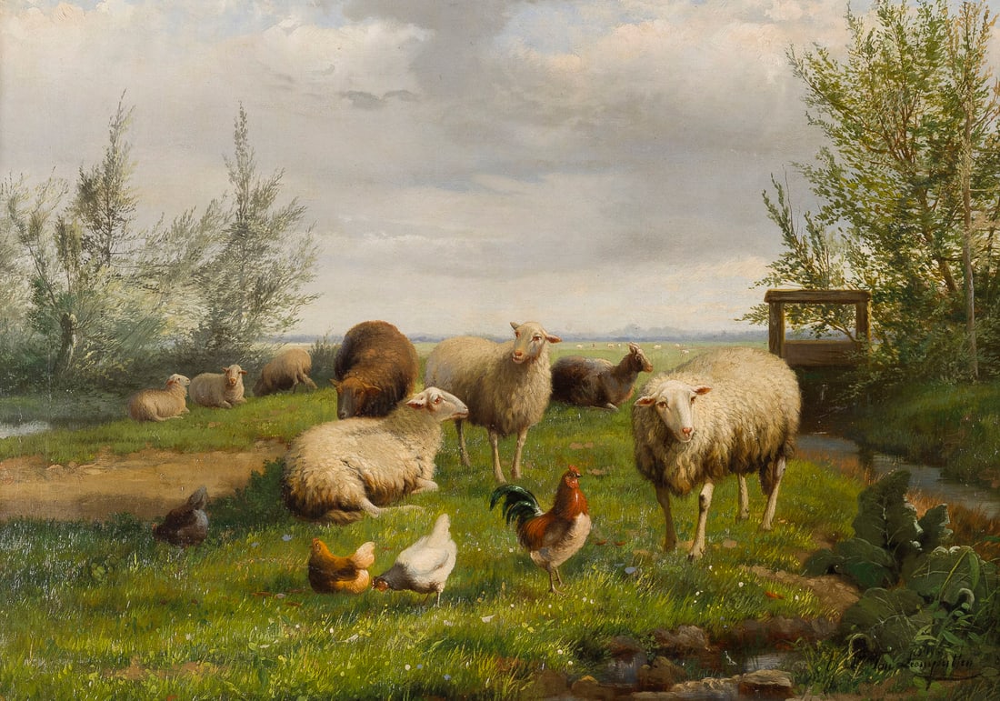 JOHAN LODEWIJK VAN LEEMPUTTEN | FEDERVIEH UND SCHAFE VOR WEITER LANDSCHAFT, 1889 (1 of 2)