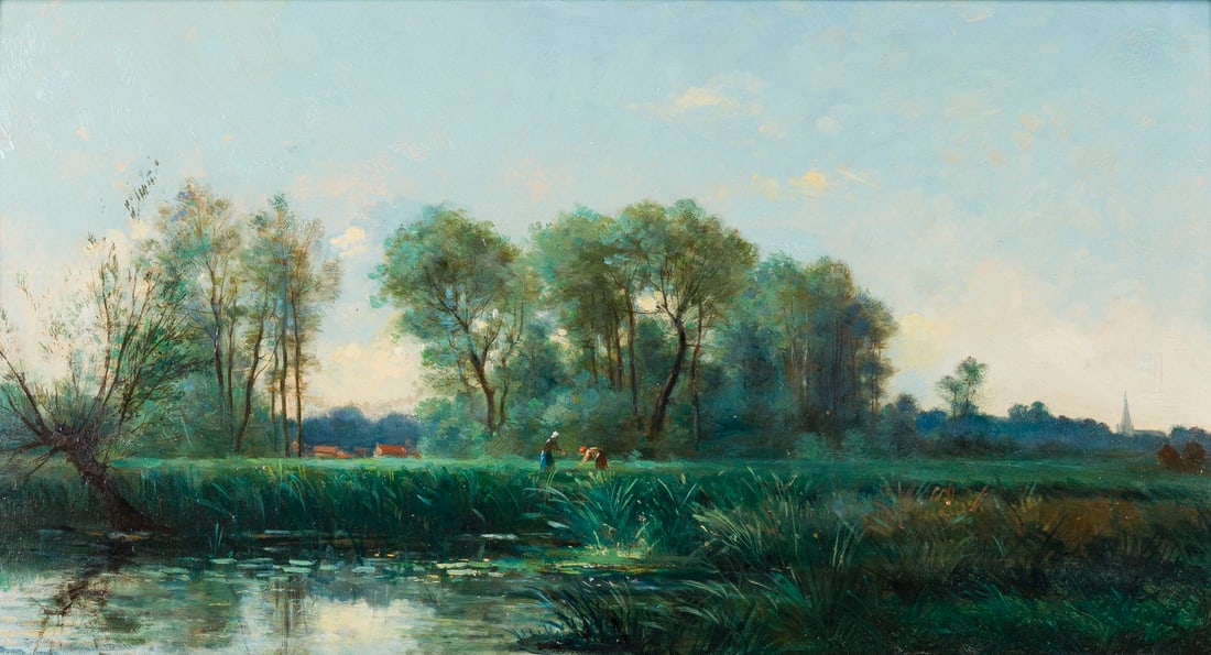 FRANZOeSISCHE SCHULE | BAeUERINNEN IM FELD: FRANZOeSISCHE SCHULE 2. Haelfte 19. Jh. BAeUERINNEN IM FELD Oel auf Holz. 34 x 59 cm (R. 50 x 78 cm). Rahmen. Provenienz: Privatsammlung, Duesseldorf; Sotheby's.FRANZOeSISCHE SCHULE 2. Haelfte 19. Jh.