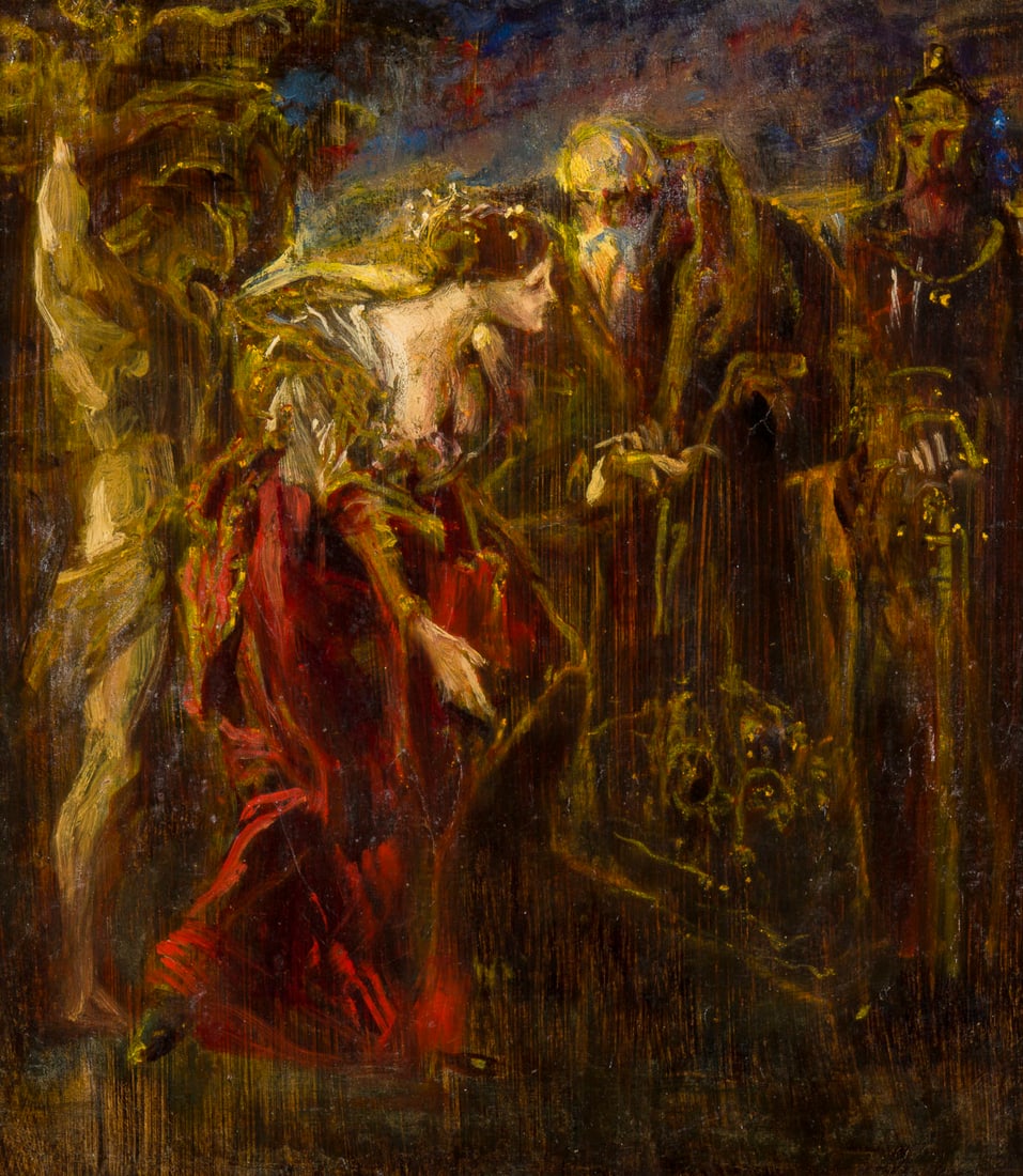 DEUTSCHE SCHULE | MITTELALTERLICHE SZENE: DEUTSCHE SCHULE Ende 19. Jh. MITTELALTERLICHE SZENE Oel auf Holz. 39 x 34 cm (R. 55 x 52 cm). Rahmen. Provenienz: Privatsammlung, Duessedlorf; Sotheby's.DEUTSCHE SCHULE Ende 19. Jh. MITTELALTERLICHE S