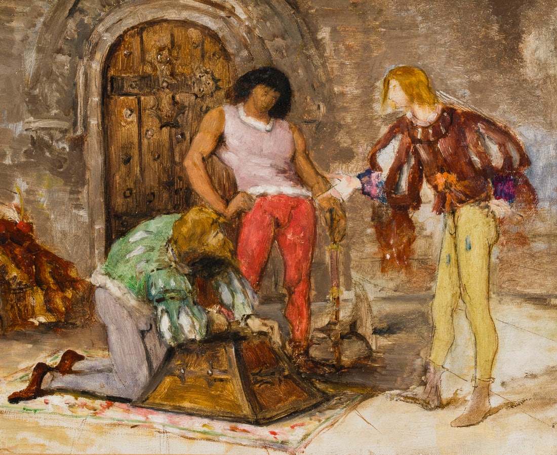 FRANZOeSISCHE SCHULE | GENRESZENE: FRANZOeSISCHE SCHULE 2. Haelfte 19. Jh. GENRESZENE Oel auf Leinwand, doubliert. 33 x 41 cm (R. 50 x 58 cm). Rahmen. Provenienz: Privatsammlung, Duesseldorf; Sotheby's.FRANZOeSISCHE SCHULE 2. Haelfte 1