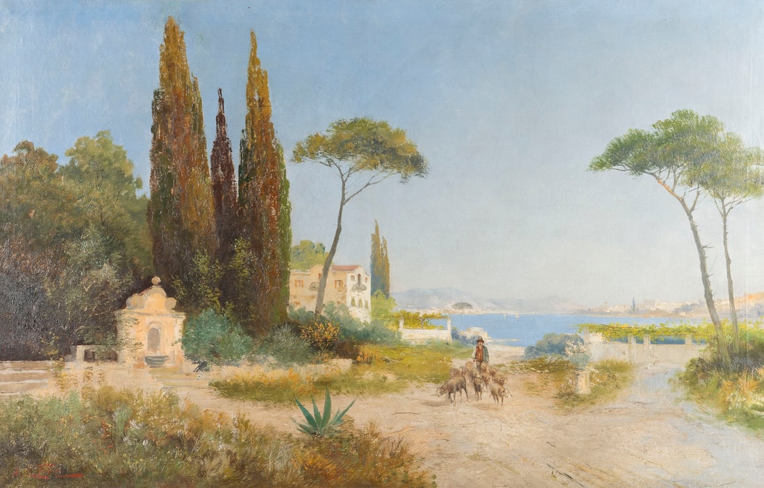 GEORG FISCHHOF | ITALIENISCHE KUeSTENLANDSCHAFT: GEORG FISCHHOF (Pseudonyms: A.L. TERNI, J. WAGNER etc.) 1859 Vienna - 1914 ibid. ITALIAN COASTAL LANDSCAPE Oil on canvas. 68 x 105 cm (f. 82 x 120 cm). Signed with pseudonym lower right/left ''A.L. Te