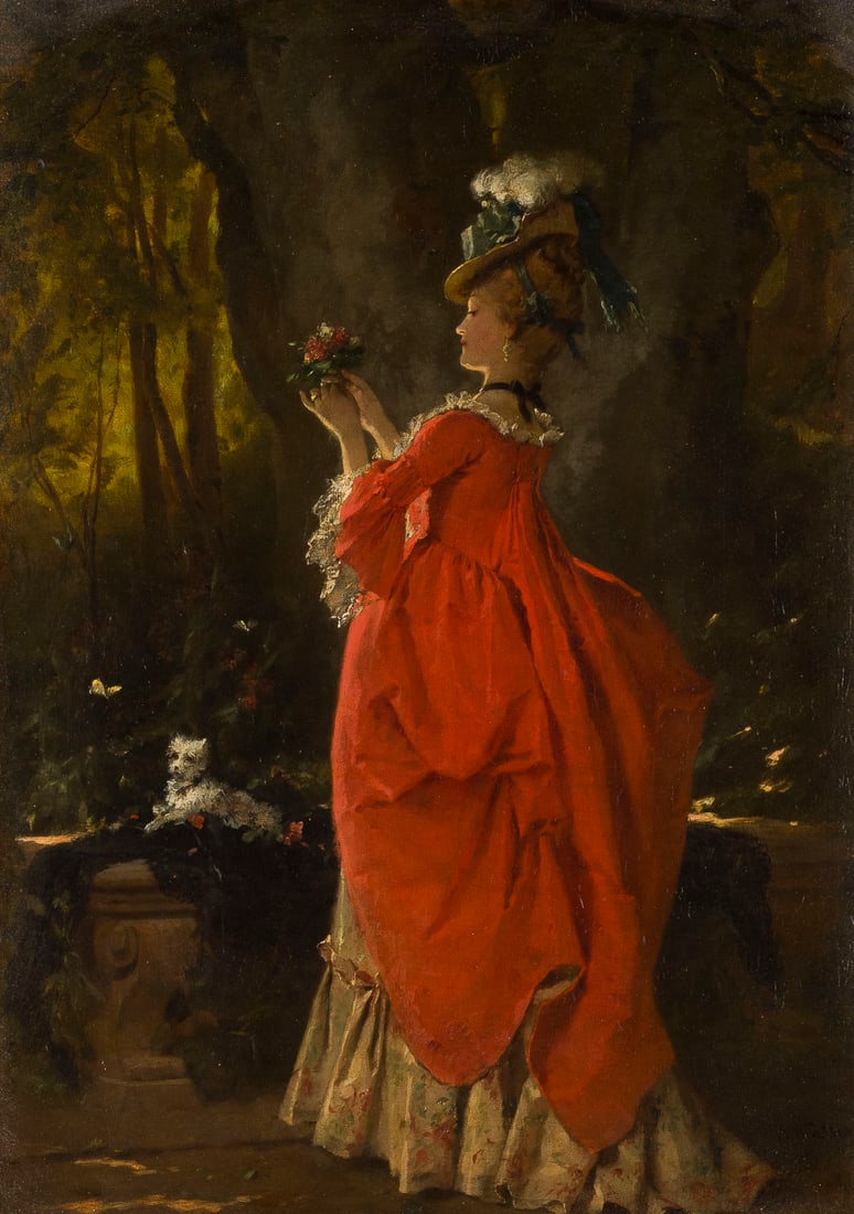 JOSEPH WATTER | ELEGANTE DAME IM PARK: JOSEPH WATTER 1838 Regensburg - 1913 Munich ELEGANT LADY IN A PARK Oil on canvas, relined. 42 x 30 cm (F. 62 x 50 cm). Signed lower right. Framed.JOSEPH WATTER 1838 Regensburg - 1913 Muenchen ELEGANTE