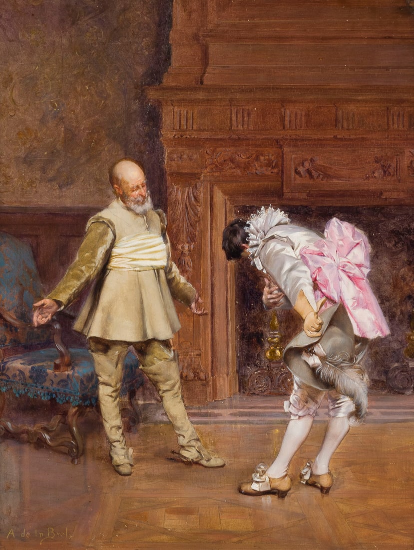 AUGUSTE DE LA BRELY | INTERIEURSZENE: AUGUSTE DE LA BRELY 1838 - 1906 (France) INTERIOR SCENE Oil on panel. 40 x 31 cm (f. 50 x 41 cm). Signed lower left. Framed.AUGUSTE DE LA BRELY 1838 Frankreich - 1906 INTERIEURSZENEOel auf Platte. 40 