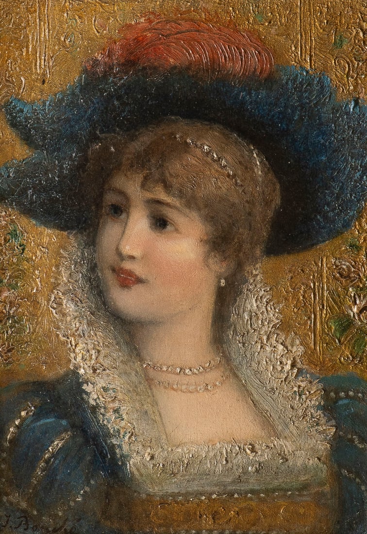 J. BOUCHE | EDELDAME: J. BOUCHE A NOBLEWOMAN Oil on panel. 20.5 x 15.5 cm (f. 40 x 35 cm). Signed lower left. Framed.J. BOUCHE EDELDAMEOel auf Holz. 20,5 x 15,5 cm (R. 40 x 35 cm). Unten links signiert. Rahmen.