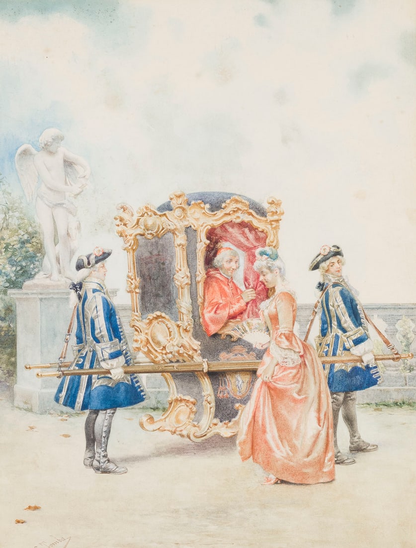 CASIMIRO TOMBA ALDINI | DER BESUCH DES KARDINALS: CASIMIRO TOMBA ALDINI 1857 Rome - 1929 ibid. THE CARDINAL'S VISIT Watercolor on paper. 40.5 x 31 cm (F. 56.5 x 47 cm). Signed lower left. Slightly browned. Framed under glass with a mount.CASIMIRO TOM