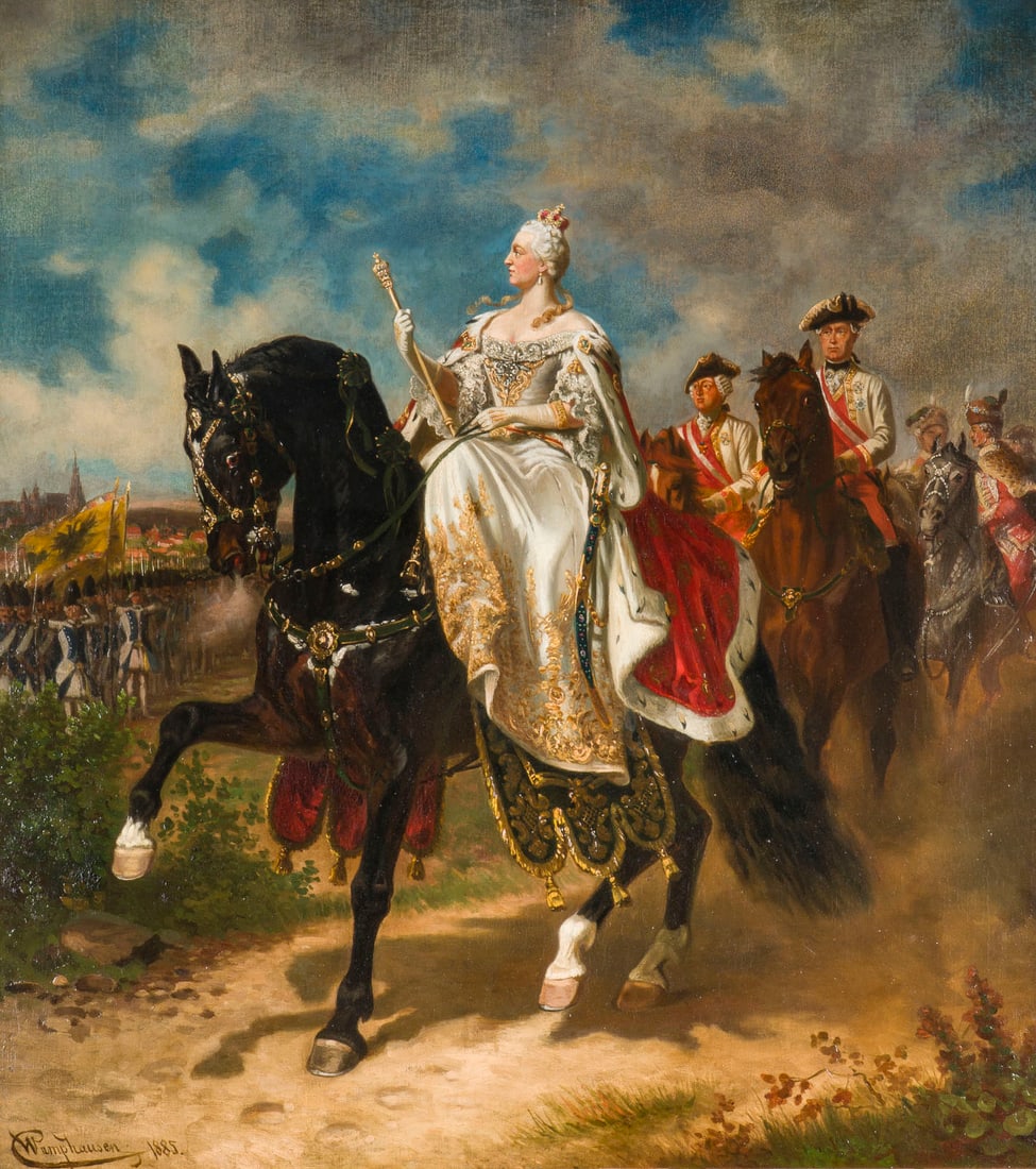 WILHELM CAMPHAUSEN | KAISERIN MARIA THERESIA ZU PFERD INSPIZIERTOeSTERREICHISCHE TRUPPEN, 1884: WILHELM CAMPHAUSEN Dusseldorf 1818 - 1885 EMPRESS MARIA THERESA ON HORSEBACK INSPECTING AUSTRIAN TROPPS, 1884 Oil on canvas, relined. 83 x 76 cm (F. 125 x 117 cm). Signed and dated lower left. Framed.