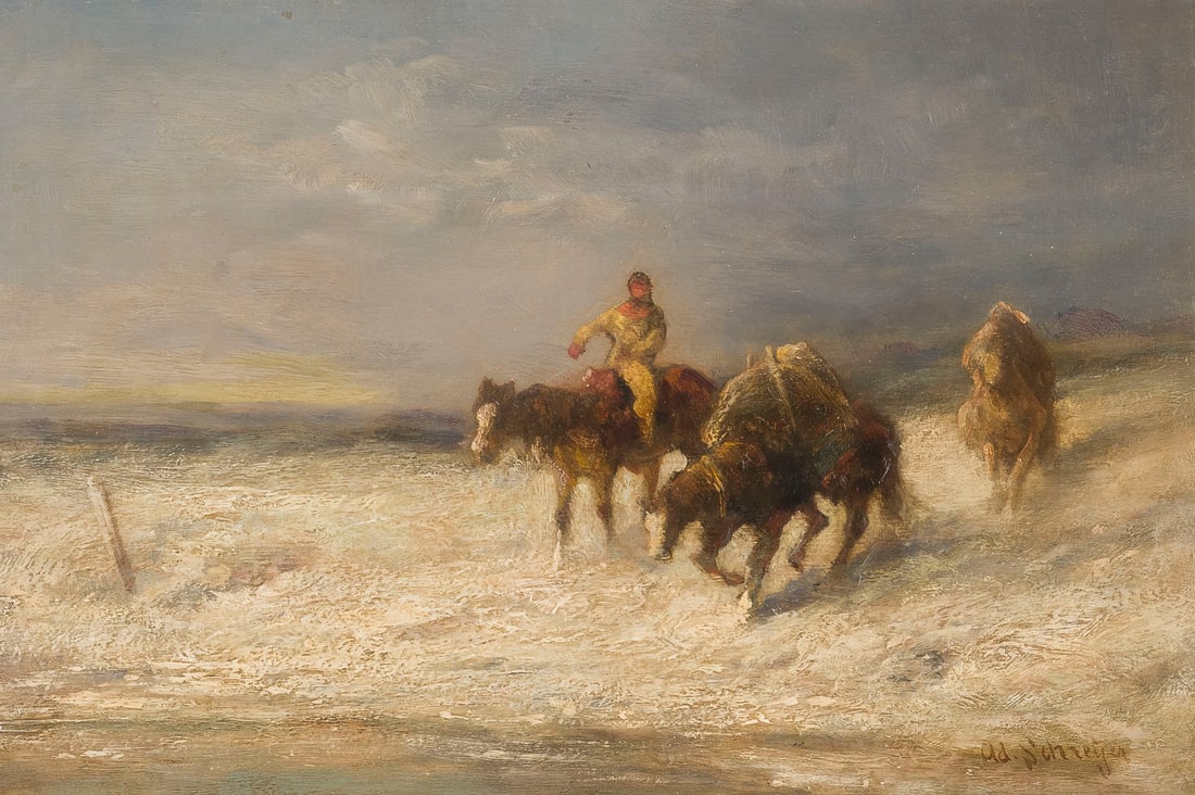 ADOLF SCHREYER | REITER MIT PFERDEN IN VERSCHNEITER LANDSCHAFT: ADOLF SCHREYER 1828 Frankfurt/Main - 1899 Kronberg HORSEMAN WITH HORSES IN A SNOWY LANDSCAPE Oil on panel. 25 x 37.5 cm (f. 45 x 58 cm). Signed lower right. Framed.ADOLF SCHREYER 1828 Frankfurt/Main