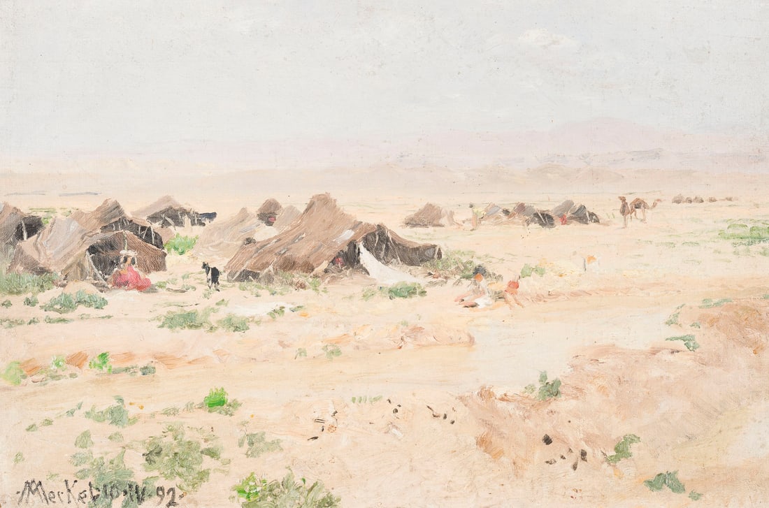 ADOLF MECKEL VON HEMSBACH | BEDUINENLAGER IN DER WUeSTE, 1892: ADOLF MECKEL VON HEMSBACH 1856 Berlin - 1893 ibid. BEDOUIN CAMP IN THE DESERT, 1892 Oil on canvas, marouflaged on cardboard. 33 x 50.5 cm (F. 37.5 x 55 cm). Signed and dated lower left ''10.4.1892''.