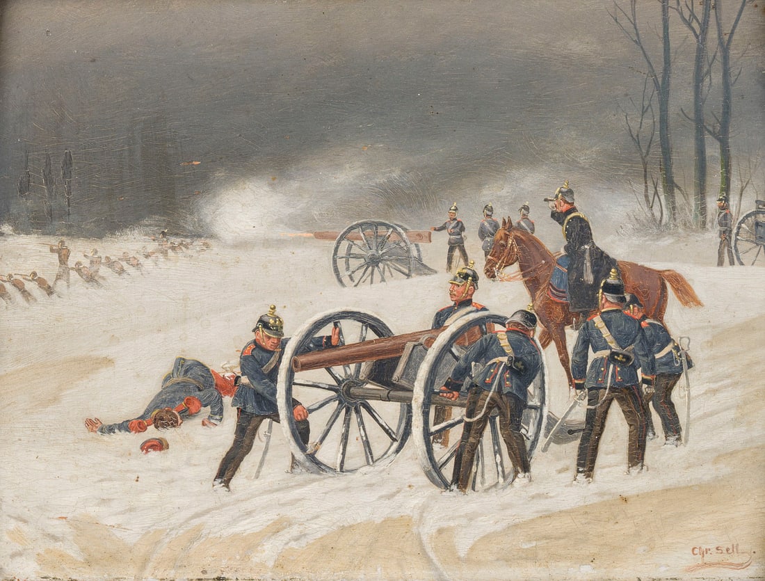 CHRISTIAN SELL | SZENE AUS EINEM WINTERFELDZUG: CHRISTIAN SELL 1854 Dusseldorf - 1925 Gotha SCENE FROM A WINTER CAMPAIGN Oil on panel. 17 x 24 cm (f. 27 x 33 cm). Signed lower right. Framed.CHRISTIAN SELL 1854 Duesseldorf - 1925 Gotha SZENE AUS