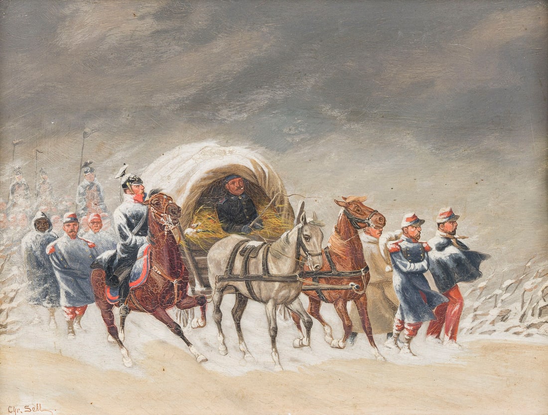 CHRISTIAN SELL D.Ae. | WINTERLICHER HEERESZUG: CHRISTIAN SELL THE ELDER 1831 Hamburg - 1883 Duesseldorf WINTER MARCH OF THE ARMY Oil on panel. 17.5 x 24 cm (f. 27 x 33 cm). Signed lower left. Framed.CHRISTIAN SELL D.Ae. 1831 Hamburg - 1883 Duessel