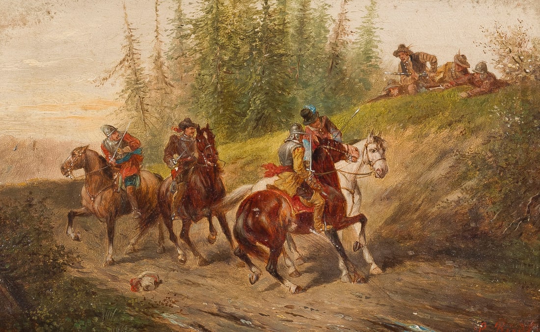 RIEDLER L. | DER HINTERHALT: RIEDLER L. taetig 2. Haelfte 19. Jh. DER HINTERHALT Oel auf Holz. 13 x 21 cm (R. 33 x 40,5 cm). Signiert unten rechts. Rahmen.RIEDLER L taetig 2. Haelfte 19. Jh. DER HINTERHALTOel auf Holz. 13 x 21
