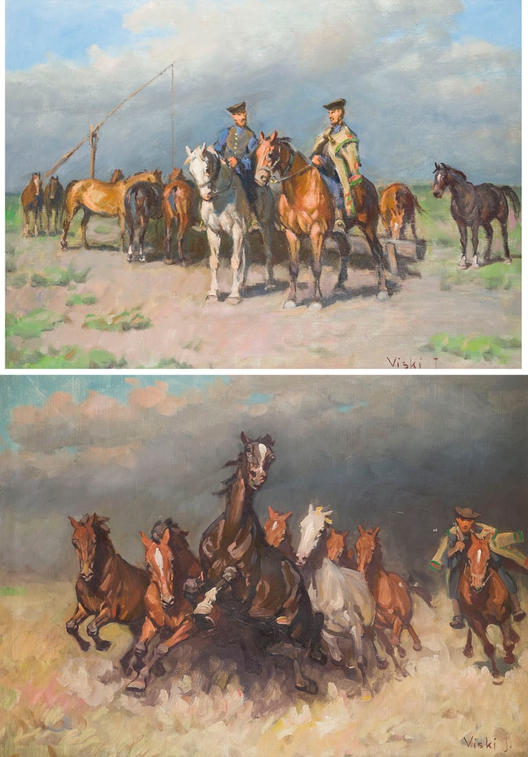 JANOS VISKI | ZWEI GEMAeLDE: PFERDETRIEB. AN DER TRAeNKE: JANOS VISKI 1891 Szokolya, Hungary - 1987 TWO PAINTINGS: HERDING HORSES. AT THE WATERING HOLE Oil on canvas. Each 60 x 80 cm (F. approx. 82 x 100 cm). Each signed lower right. Each framed.JANOS VISKI