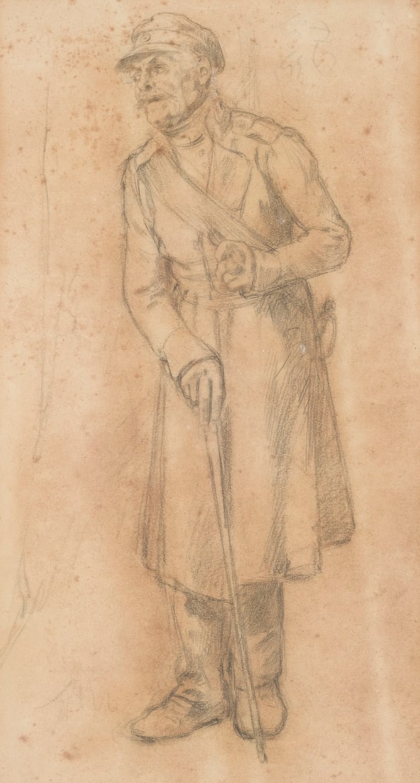 FRIEDRICH PETER HIDDEMANN | FIGUR EINESAeLTEREN MANNES IN UNIFORM: FRIEDRICH PETER HIDDEMANN 1828 - 1892 FIGURE OF AN ELDERLY MAN IN UNIFORM Pencil on paper. Visible dimensions: 44.5 x 24.5 cm (F. 61 x 39 cm). Toned, stained. Framed under glass, sealed at the