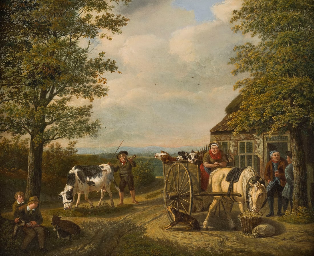 MARTINUS ANTONIUS KUYTENBROUWER D.Ae. | AUF DEM WEG ZUM VIEHMARKT: MARTINUS ANTONIUS KUYTENBROUWER THE ELDER 1777 Venlo - 1850 Paris ON THE WAY TO THE CATTLE MARKET Oil on panel. 40 x 50 cm (f. 55 x 67 cm). Signed and dated lower right. Retouched. Framed (damaged).MA