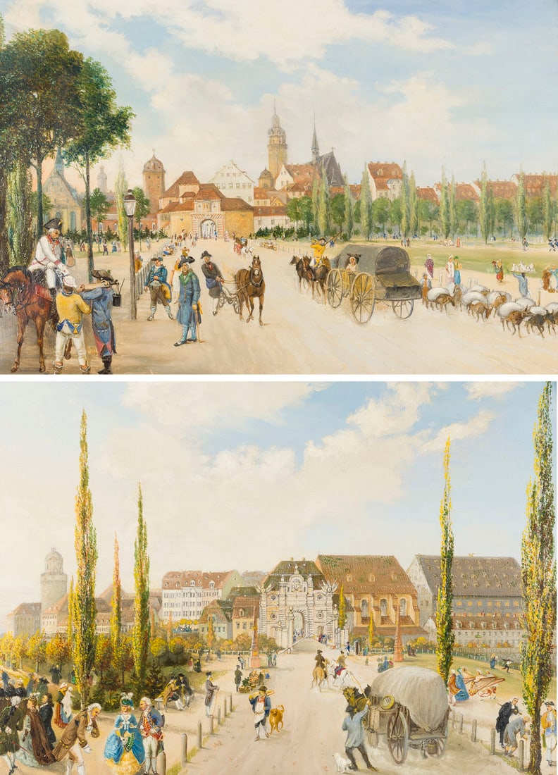 CARL THIEME (ATTR.) | ZWEI LEIPZIG-ANSICHTEN: 'GRIMMAISCHES THOR ZU LEIPZIG IM JAHRE 1774' / 'PETERS (1 of 5)
