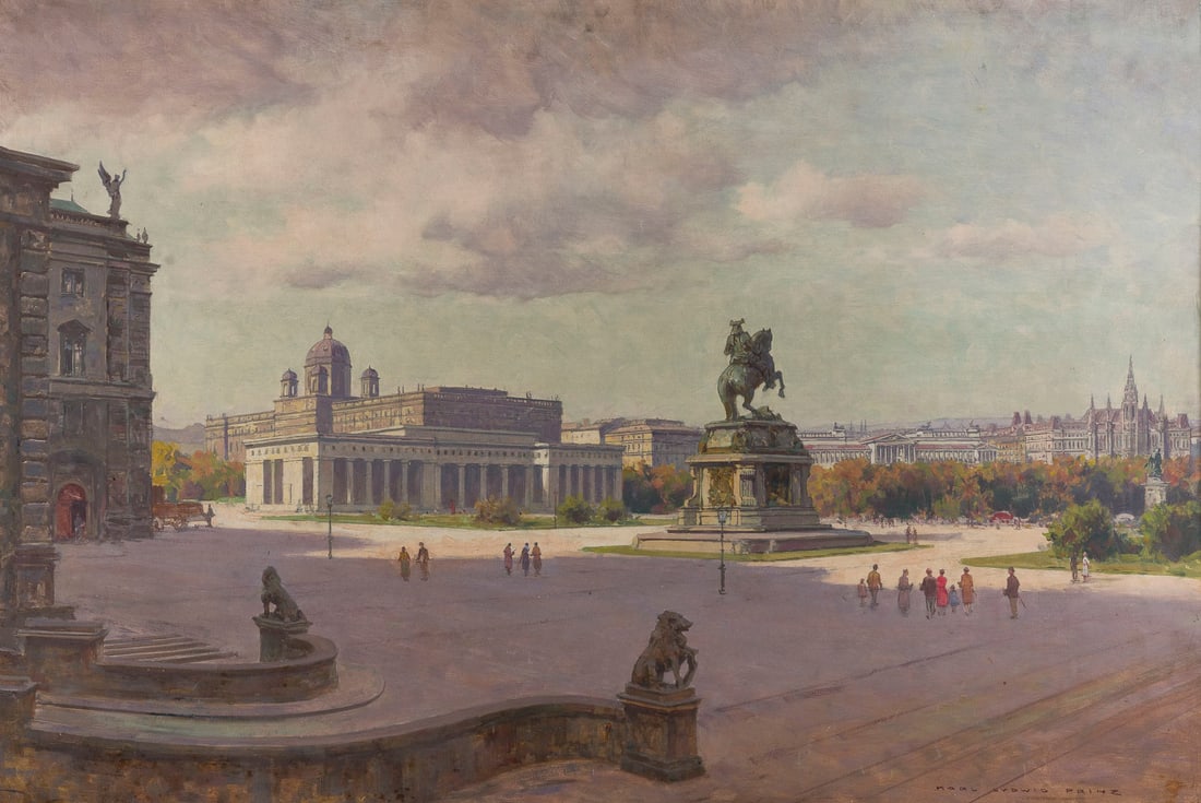 KARL LUDWIG PRINZ | DER HELDENPLATZ IN WIEN MIT PARLAMENT UND RATHAUS: KARL LUDWIG PRINZ 1875 Vienna - 1944 ibid. HELDENPLATZ IN VIENNA WITH PARLIAMENT AND TOWN HALL Oil on hardboard. 82 x 122 cm (f. 94 x 133 cm). Signed lower right. Partial retouching. Framed.KARL LUDWI