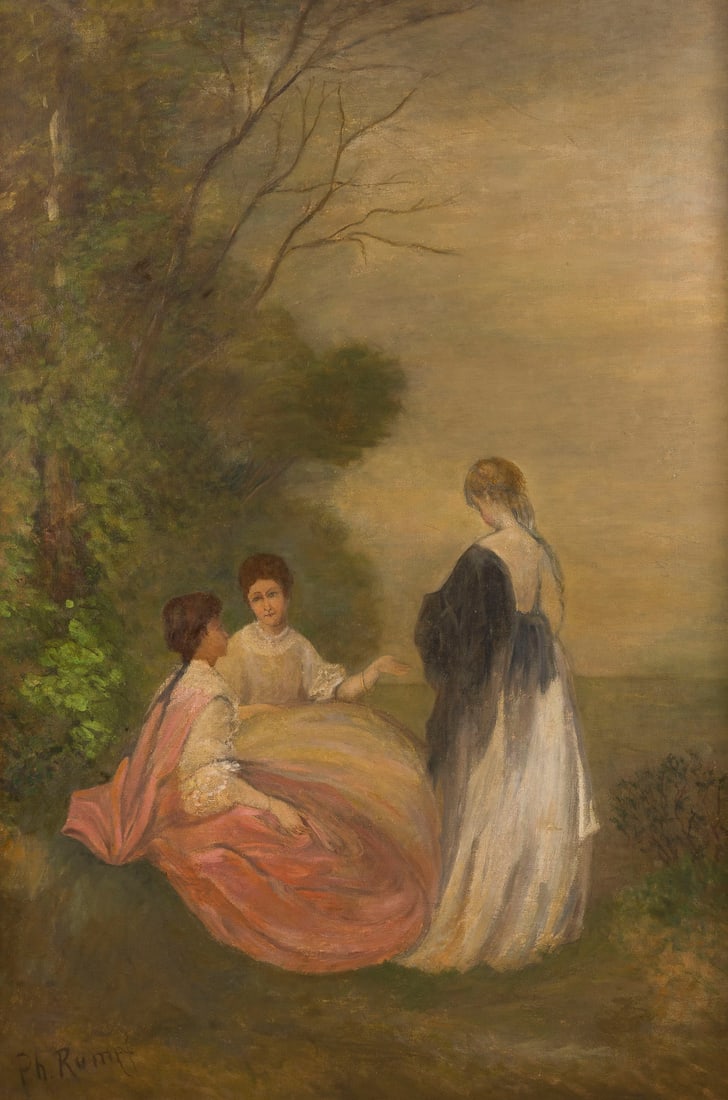PHILIPP RUMPF | DREI DAMEN IN LANDSCHAFT: PHILIPP RUMPF 1821 Frankfurt a.?M. - 1896 THREE LADIES IN A LANDSCAPE Oil on canvas, double. 146 x 100 cm (f. 164 x 116 cm). Signed lower right. Extensive retouching. Framed.PHILIPP RUMPF 1821