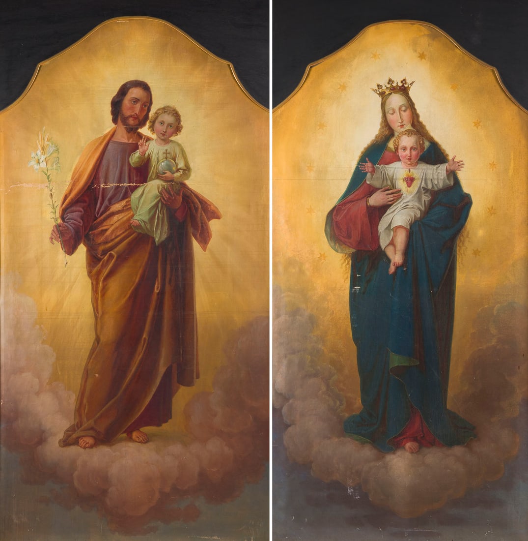 ERNST DEGER (ZUGESCHRIEBEN) | ZWEI MONUMENTALE BILDER: MARIA ALS HIMMELSKOeNIGIN MIT DEM KIND.: ERNST DEGER (ATTRIBUTED) 1809 - 1885 TWO MONUMENTAL PAINTINGS: MARY AS QUEEN OF HEAVEN WITH THE CHILD, SAINT JOSEPH WITH THE CHILD JESUS Oil on canvas. 200 ? 107 cm (f. 220 ? 119 cm). Areas of paint l