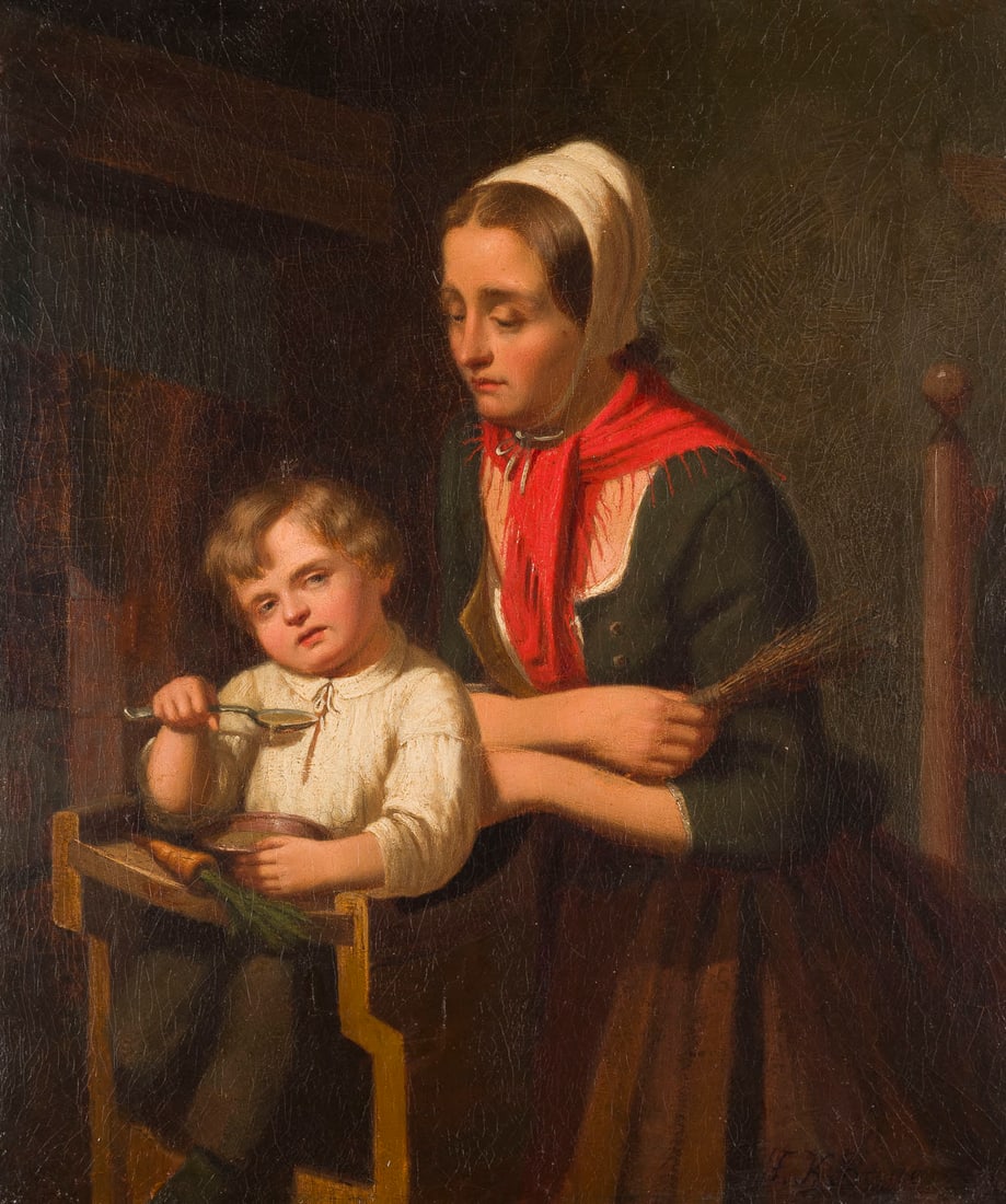 DEUTSCHER MALER | DER SUPPENKASPER: GERMAN PAINTER Active mid-19th century THE LITTLE FUSSY EATER Oil on canvas, lined. 42 x 35 cm (f. 57 x 51 cm). Signed indistinctly lower right 'F.K. Ba..'. Framed.DEUTSCHER MALER Taetig Mitte 19. Jh.