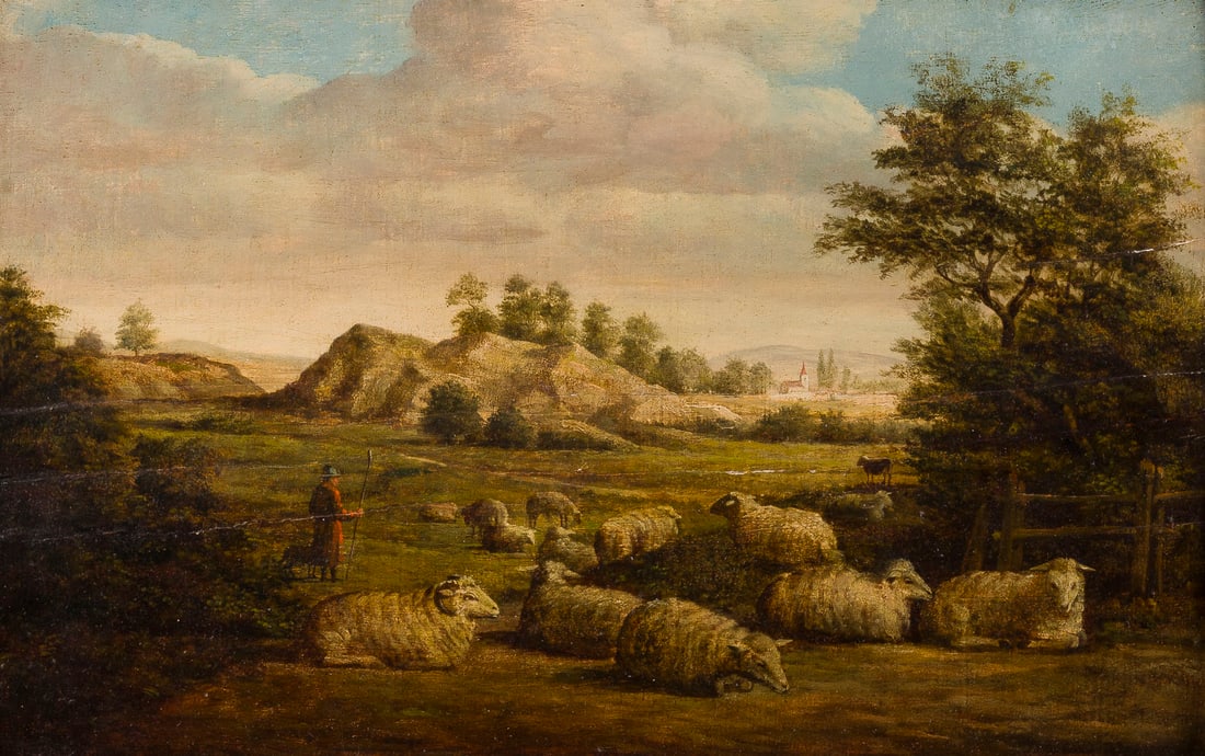 FRANS SWAGERS (ZUGESCHRIEBEN) | LANDSCHAFT MIT SCHAFHERDE: FRANS SWAGERS (attributed) 1756, Utrecht - 1836, Paris LANDSCAPE WITH A FLOCK OF SHEEP Oil on wood, laid down on panel. 25 x 40 cm (f. 45 x 58 cm). Restored. Framed.FRANS SWAGERS (ZUGESCHRIEBEN) 1756 