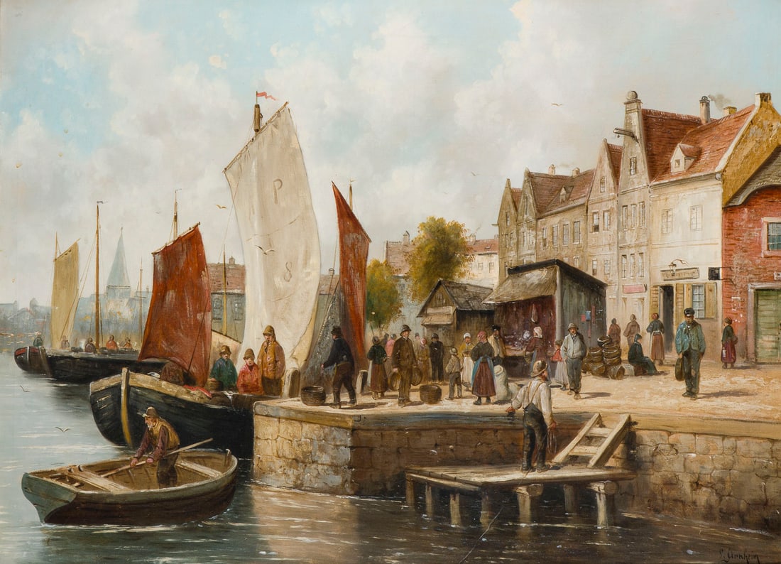 L. ARNHEIM | HOLLAeNDISCHE HAFENSZENE: L. ARNHEIM active 1870/1880 DUTCH HARBOUR SCENE Oil on canvas. 73 x 100 cm (f. 109 x 136 cm). Signed lower right. Framed.L. ARNHEIM taetig 1870/1880 HOLLAeNDISCHE HAFENSZENEOel auf Leinwand. 73 x 100 
