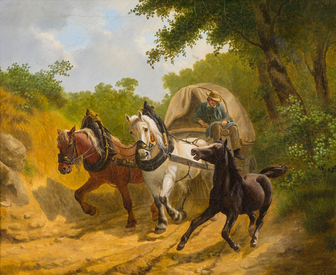CHARLES TSCHAGGENY | HEIMKEHR MIT PLANWAGEN UND SCHWARZEM FOHLEN: CHARLES TSCHAGGENY 1815 - 1894 HEIMKEHR MIT PLANWAGEN UND SCHWARZEM FOHLEN Oel auf Leinwand. 39 x 48 cm (R. 52 x 60 cm). Unten rechts signiert. Rahmen.CHARLES TSCHAGGENY 1815 - 1894 HEIMKEHR MIT PLANW
