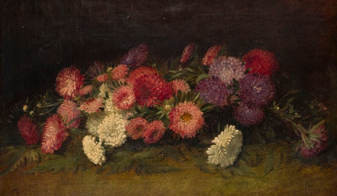 EUGENE CHARLES PICOU | CHRYSANTHEMEN: EUGENE CHARLES PICOU 1831 - 1914 CHRYSANTHEMUMS Oil on canvas. 42 x 69 cm (f. 55 x 82 cm). Signed lower left. Very minor damage. Framed.EUGENE CHARLES PICOU 1831 - 1914 CHRYSANTHEMENOel auf Leinwand. 