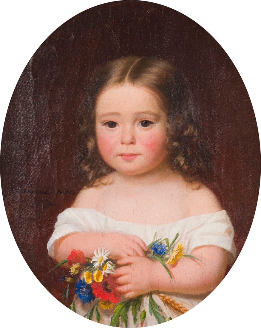 LOUISE-ADELAIDE DESNOS | BILDNIS EINES KINDES MIT BLUMEN, 1850: LOUISE-ADELA?DE DESNOS 1807 France - 1878 ibid. PORTRAIT OF A CHILD WITH FLOWERS, 1850 Oil on canvas. 47 x 38 cm (f. 63 x 55 cm). Signed and dated on the left. Verso: Canvas with a Parisian manufactur