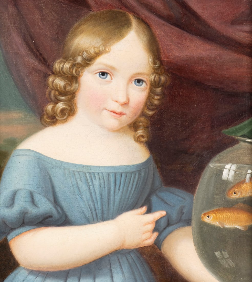 DEUTSCH/OeSTERREICHISCHE SCHULE | MAeDCHEN MIT GOLDFISCHEN: GERMAN/AUSTRIAN SCHOOL Circa 1830-1850 GIRL WITH GOLDFISH Oil on canvas, relined. 35 x 32 cm (f. 44 x 41 cm). Partial retouching. Framed.DEUTSCH/OeSTERREICHISCHE SCHULE 1830-1850 MAeDCHEN MIT GOLDFISC