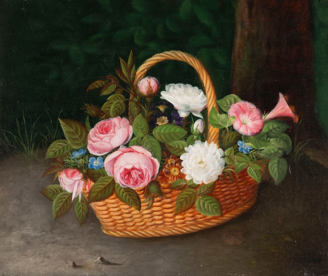JOHAN LAURENTZ JENSEN (SCHULE) | BLUMEN IM KORB: JOHAN LAURENTZ JENSEN (SCHOOL) 1800 Copenhagen - 1856 ibid. FLOWERS IN A BASKET Oil on canvas. 29 x 35 cm (f. 36 x 41 cm). Framed. Provenance: Antiquitaeten & Galerie H. & M. Radzuweit (invoice availa