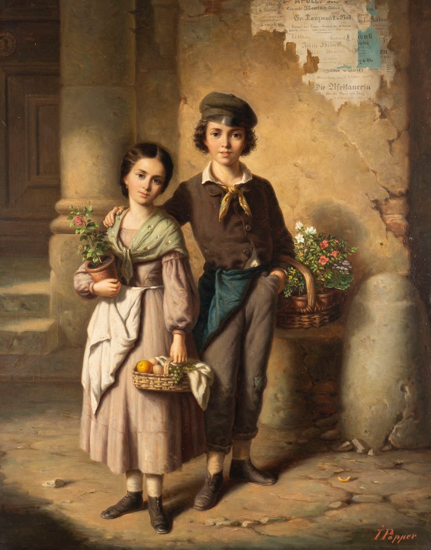 ISIDOR POPPER | DIE JUNGEN BLUMENVERKAeUFER: ISIDOR POPPER 1816 Hildesheim - 1884 Hamburg THE YOUNG FLOWER SELLERS Oil on canvas. 81 x 65 cm (f. 91 x 76 cm). Signed lower right. Partial retouching. Framed. Provenance: Private collection.ISIDOR P
