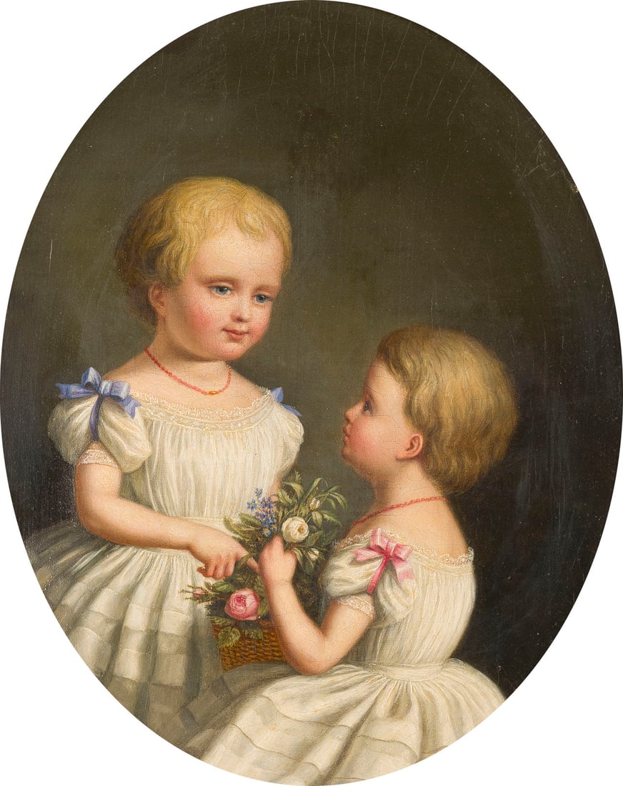 DEUTSCH-OeSTERREICHISCHE SCHULE | SCHWESTERNBILDNIS: GERMAN-AUSTRIAN SCHOOL 1840-1850 PORTRAIT OF SISTERS Oil on canvas. 30 x 24.5 cm (Frame: 42 x 37 cm). Framed. Provenance: Kunsthandel Michael Nolte (invoice available); in a private collection since 2